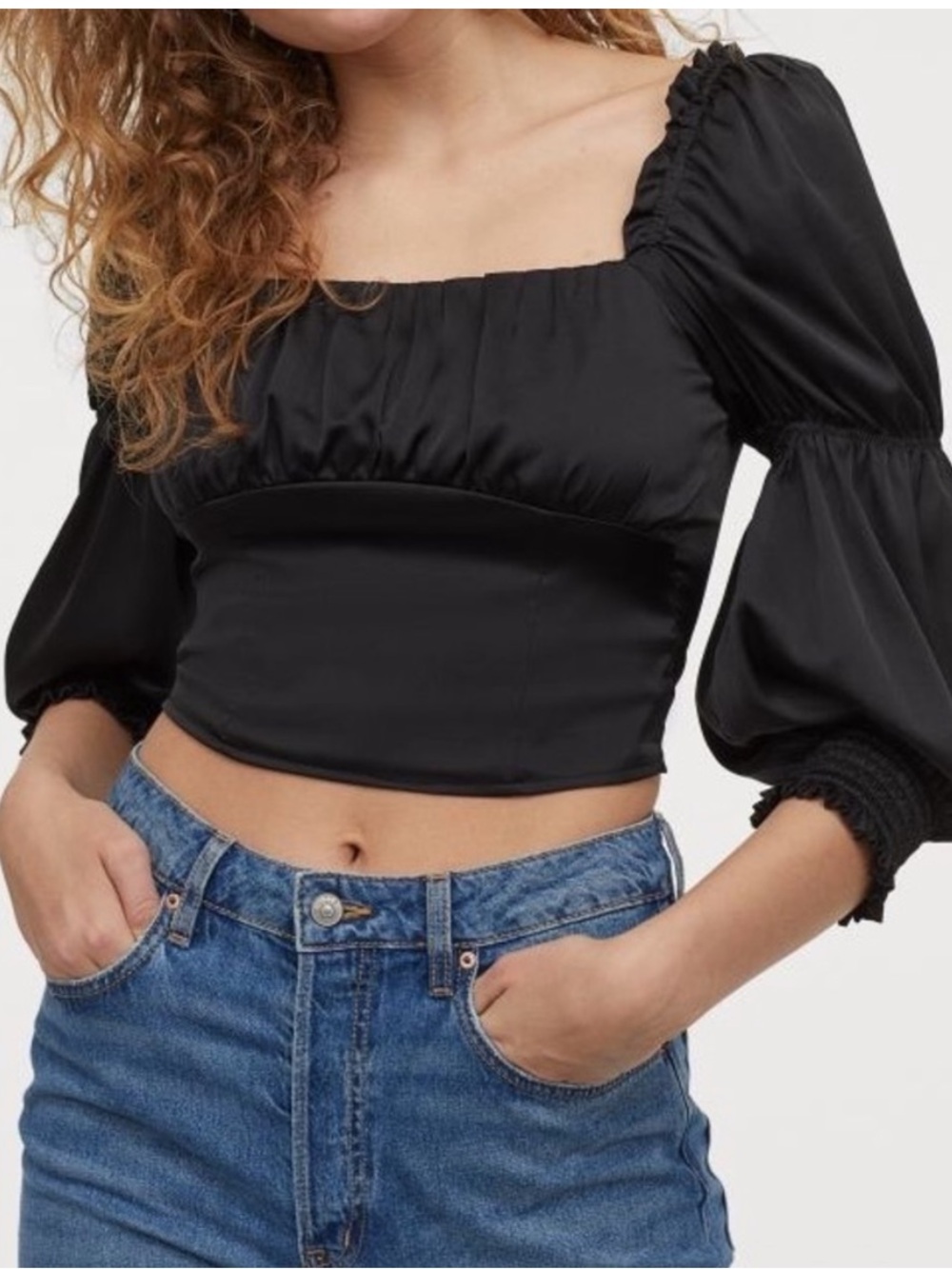 H&M Satin Square-Neck Puff Sleeve Blouse in Black
